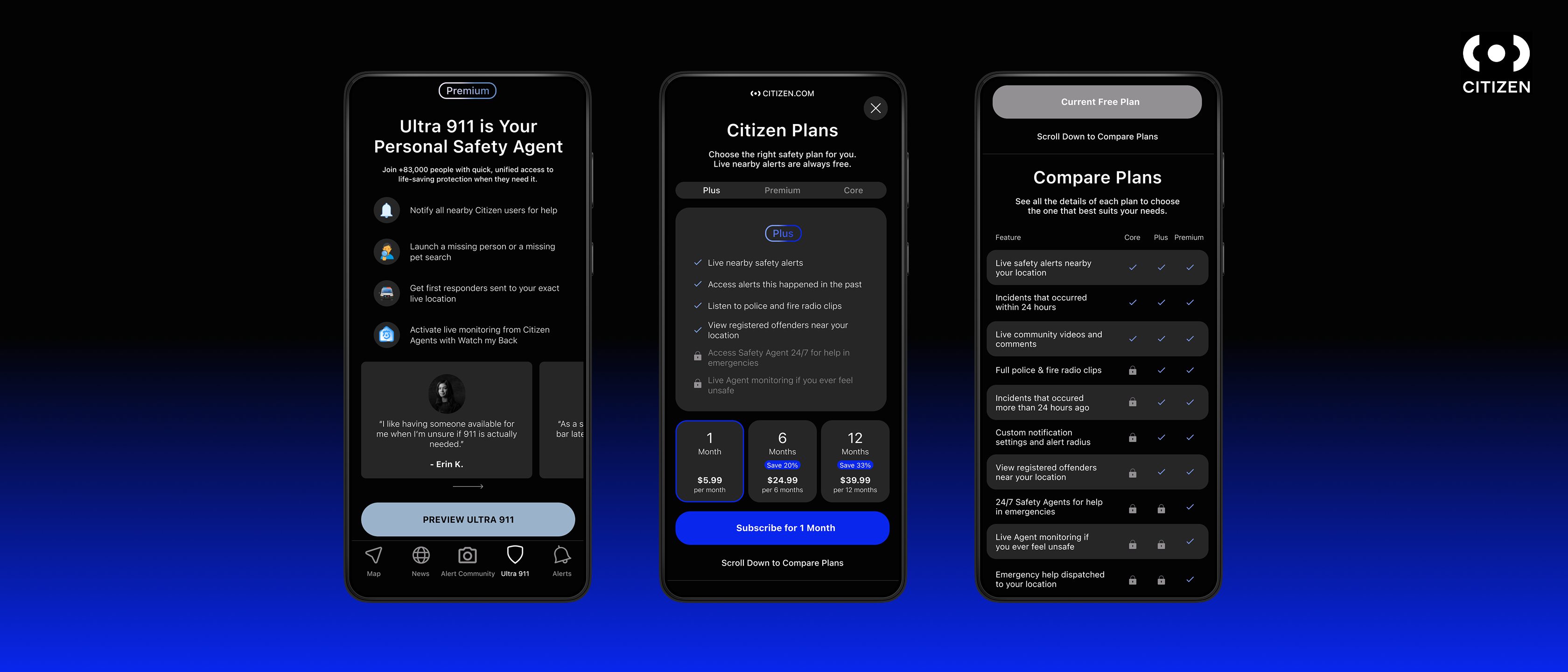 Citizen app screens on a dark blue background