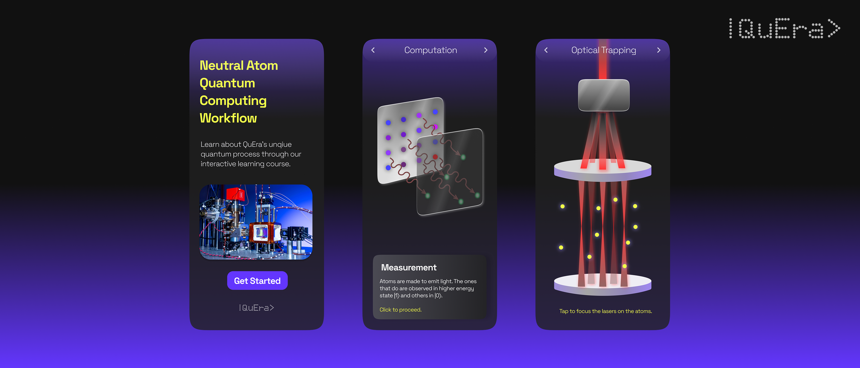 QuEra neutral-atom quantum computing workflow app screens